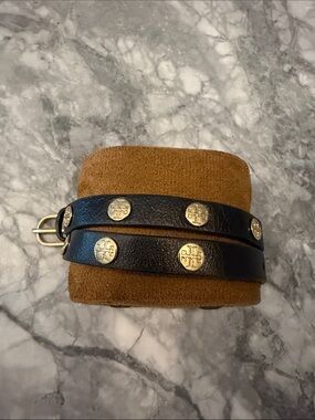 Tory Burch Black Leather Double-Wrap Belt with Gold Logo Studs